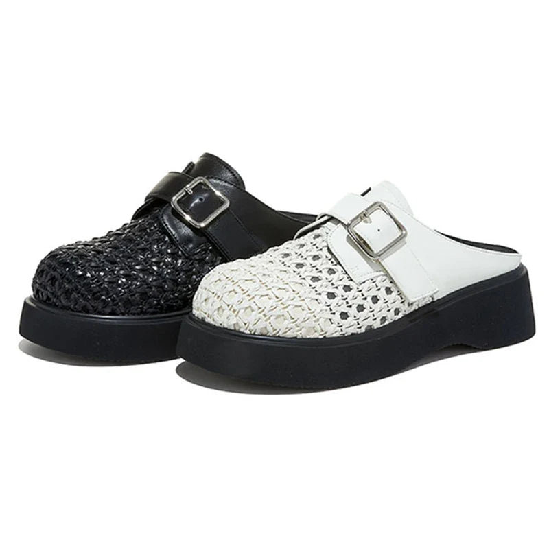 High Quality Leather Mesh Mules Slippers Openwork Design Wedge Heel