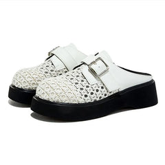 High Quality Leather Mesh Mules Slippers Openwork Design Wedge Heel