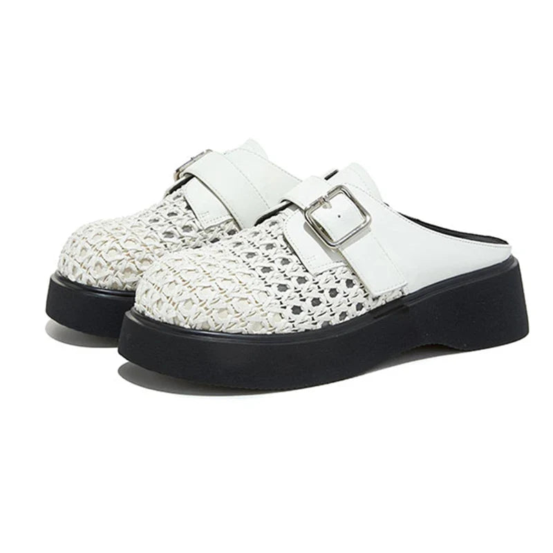 High Quality Leather Mesh Mules Slippers Openwork Design Wedge Heel
