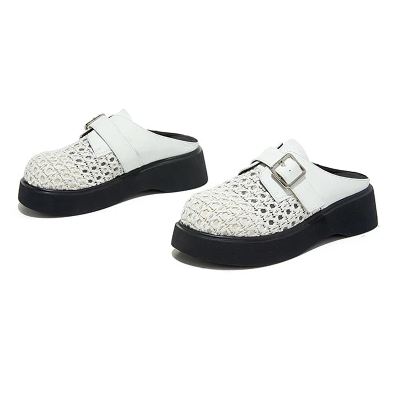 High Quality Leather Mesh Mules Slippers Openwork Design Wedge Heel