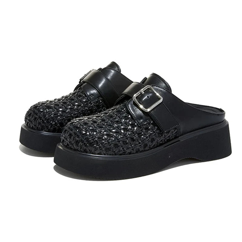 High Quality Leather Mesh Mules Slippers Openwork Design Wedge Heel