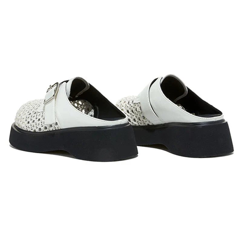 High Quality Leather Mesh Mules Slippers Openwork Design Wedge Heel