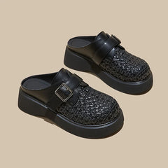 High Quality Leather Mesh Mules Slippers Openwork Design Wedge Heel
