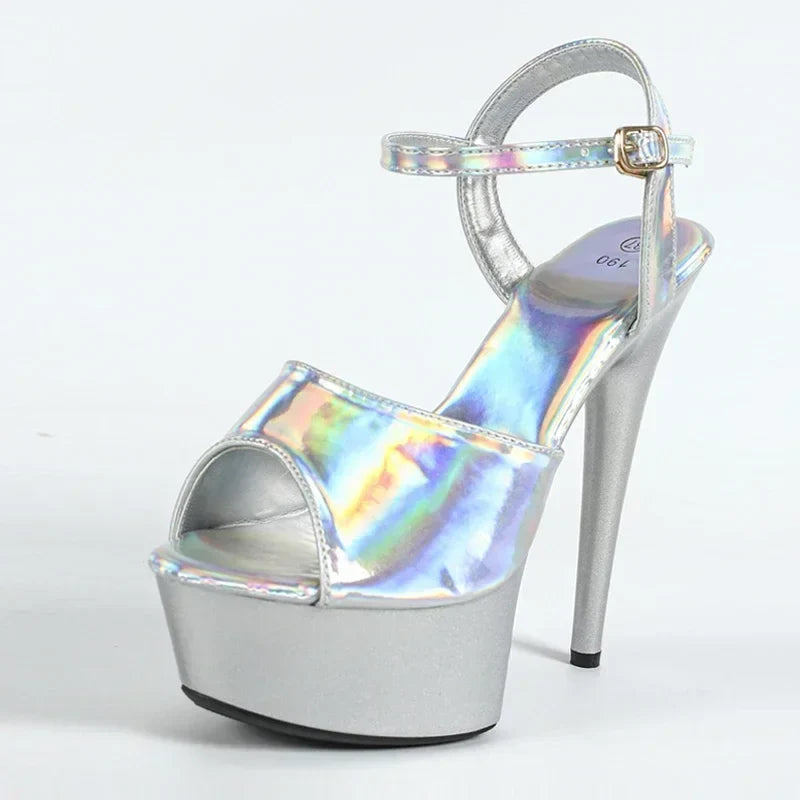 High Quality Patent Leather Open Toe Platform Sandals 16 Cm Super High Heel