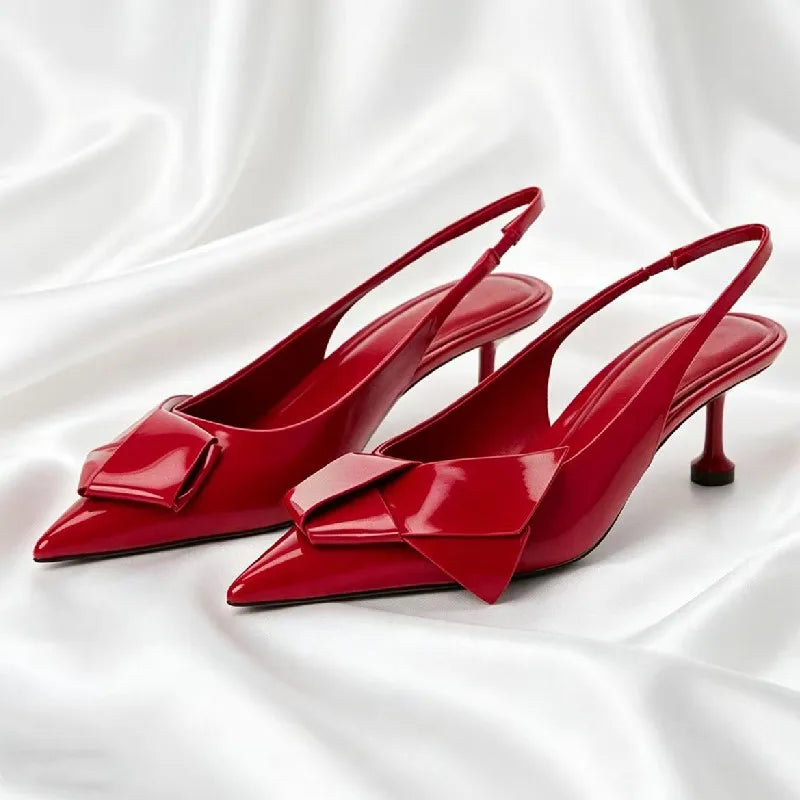 High Quality Patent Leather Pumps Pointed Toe Bow Detail High Heel