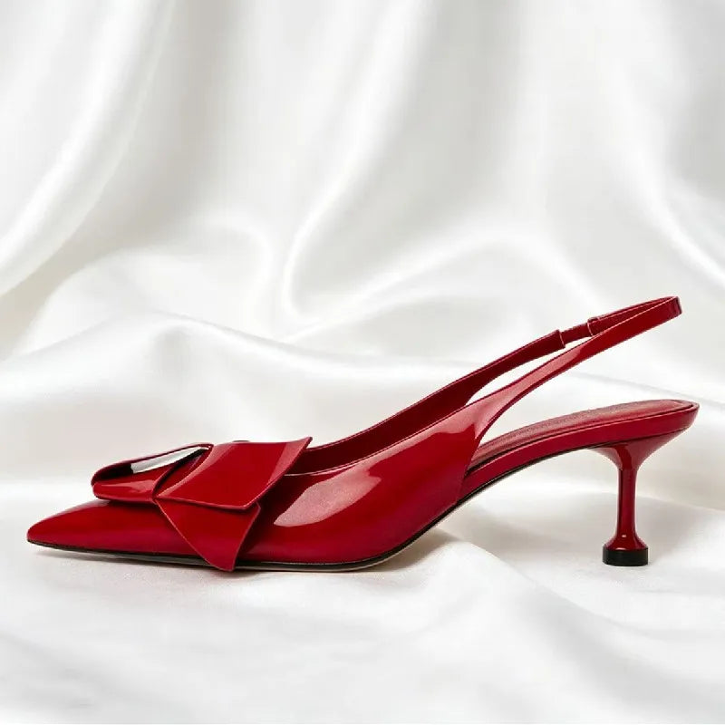 High Quality Patent Leather Pumps Pointed Toe Bow Detail High Heel