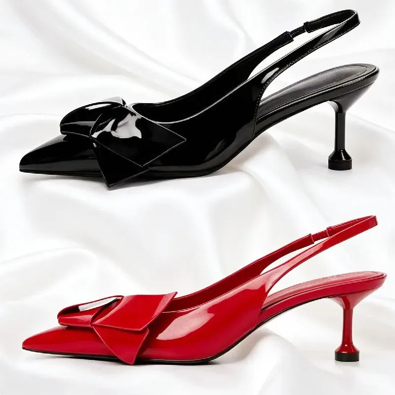 High Quality Patent Leather Pumps Pointed Toe Bow Detail High Heel