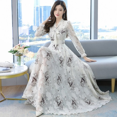 High Quality Plus Flower Long Sleeve Chiffon Long Dress