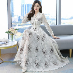 High Quality Plus Flower Long Sleeve Chiffon Long Dress