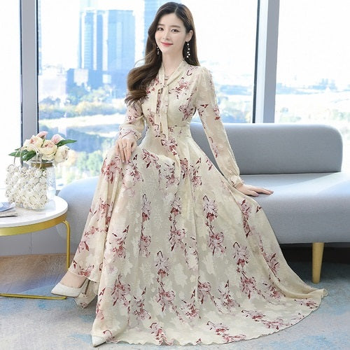 High Quality Plus Flower Long Sleeve Chiffon Long Dress