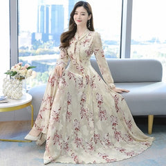 High Quality Plus Flower Long Sleeve Chiffon Long Dress