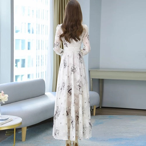 High Quality Plus Flower Long Sleeve Chiffon Long Dress