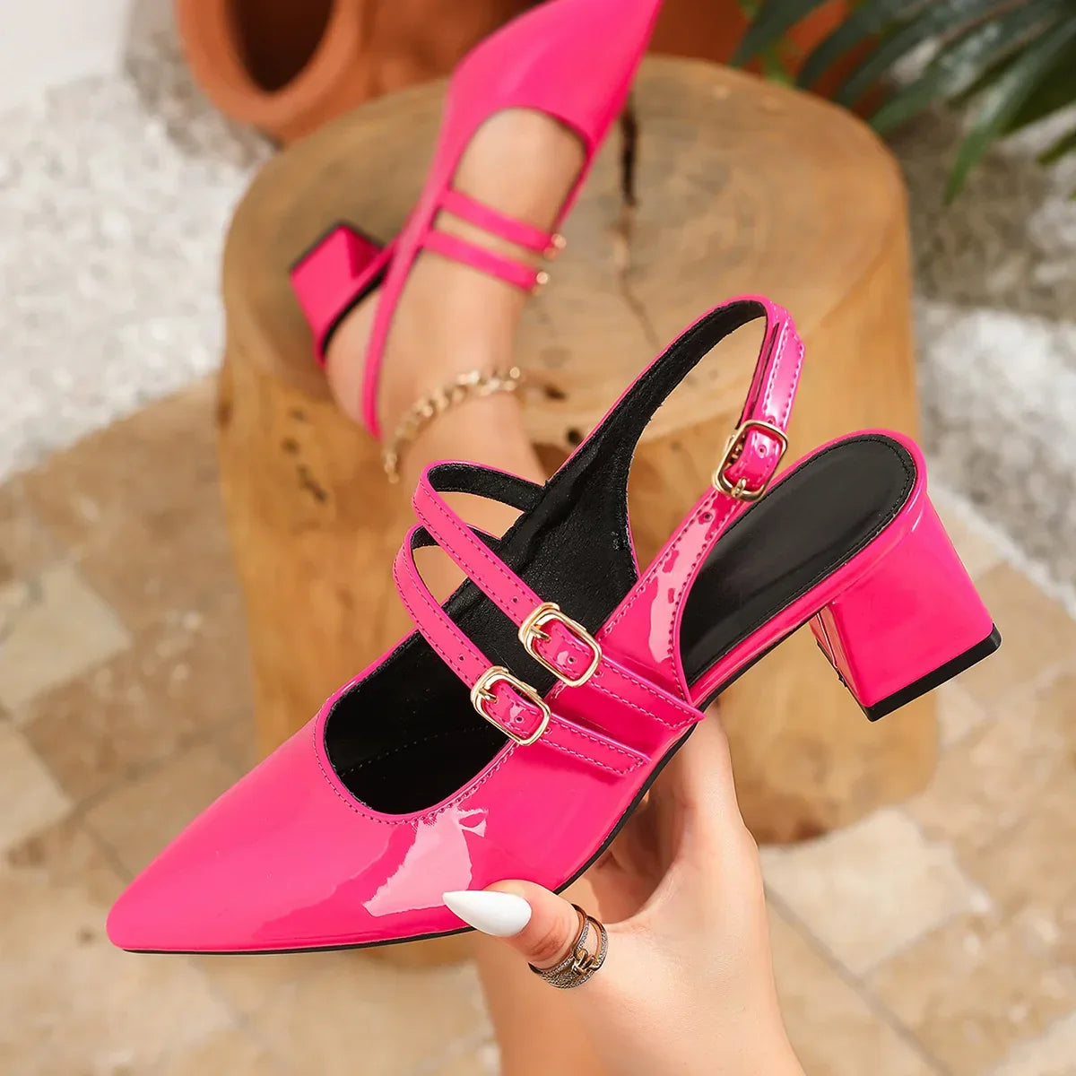 High Quality Pointed Toe Back Strap Sandals Patent Leather Buckle Designer Brand Slide Sandal 45 Plus Size Mary Jane Shoes