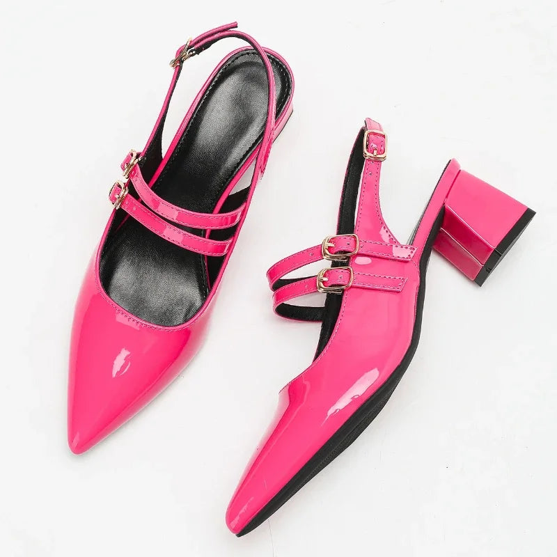High Quality Pointed Toe Back Strap Sandals Patent Leather Buckle Designer Brand Slide Sandal 45 Plus Size Mary Jane Shoes