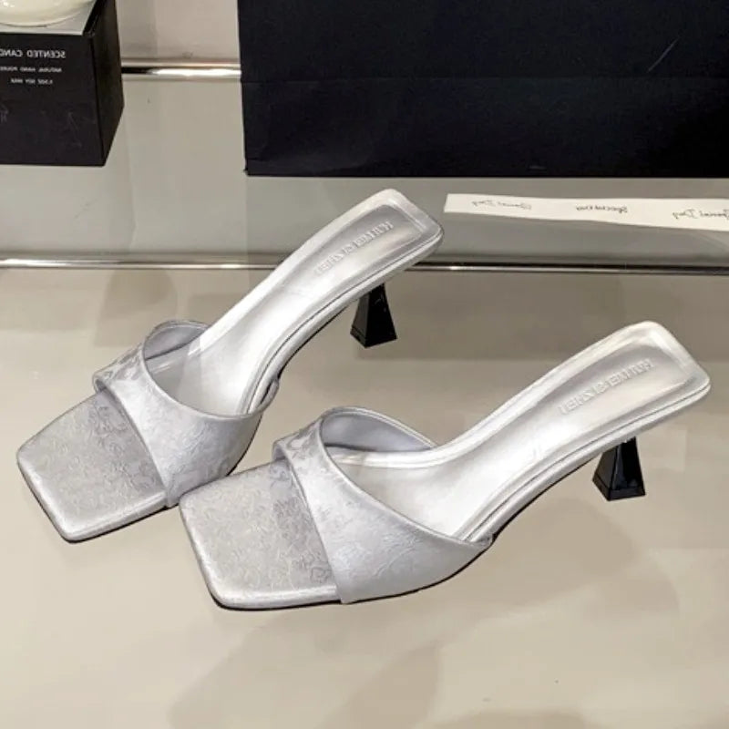 High Quality Square Toe Silk Sandals Shallow Thin Heel
