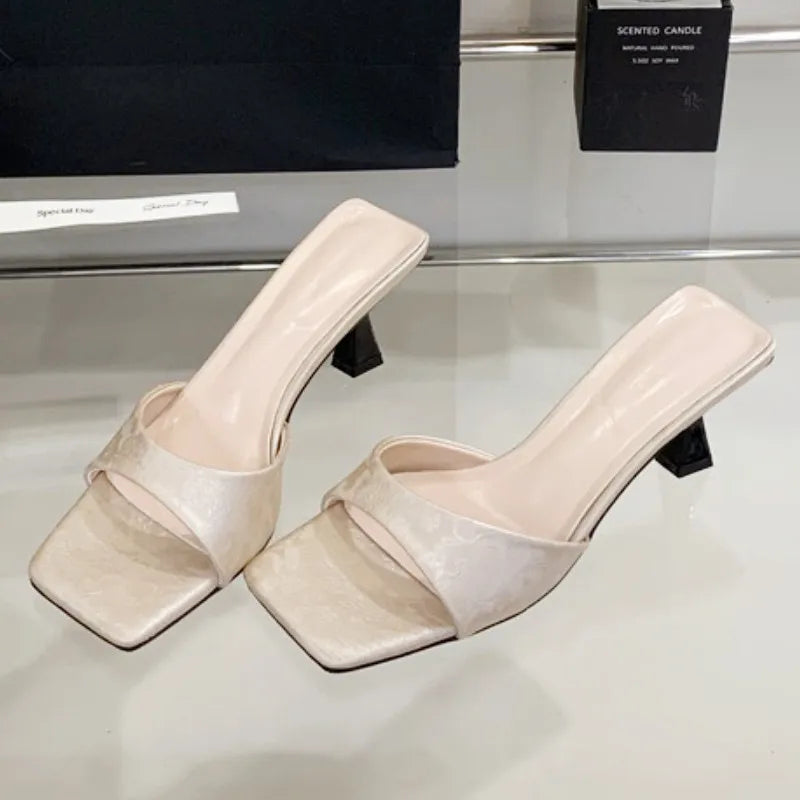 High Quality Square Toe Silk Sandals Shallow Thin Heel