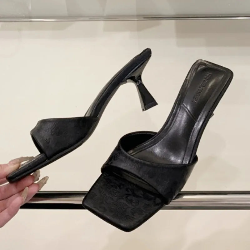 High Quality Square Toe Silk Sandals Shallow Thin Heel