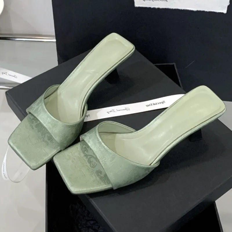 High Quality Square Toe Silk Sandals Shallow Thin Heel