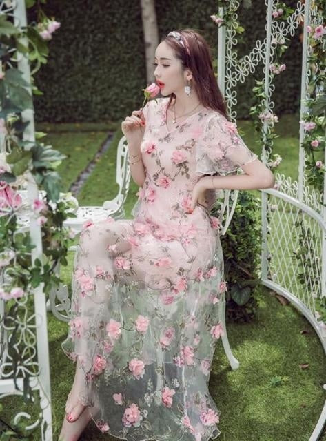 High Quality V Collar Flower Decorated Flare Sleeve Long Dress