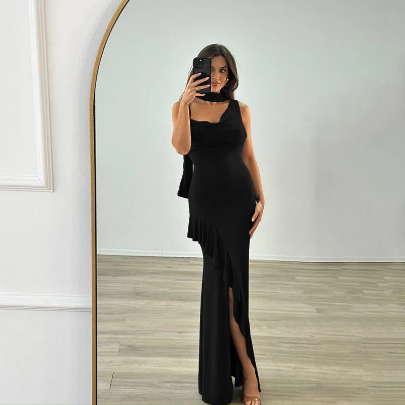 High Slit Sleeveless V Neck Halter Neck Ruched Suspender With Ribbon Slim Banquet Dress