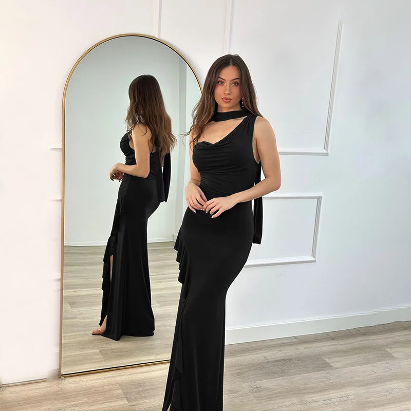 High Slit Sleeveless V Neck Halter Neck Ruched Suspender With Ribbon Slim Banquet Dress
