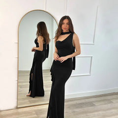 High Slit Sleeveless V Neck Halter Neck Ruched Suspender With Ribbon Slim Banquet Dress