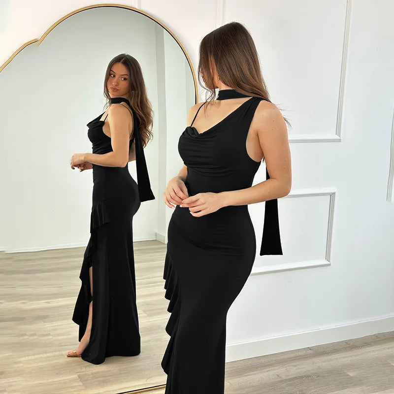 High Slit Sleeveless V Neck Halter Neck Ruched Suspender With Ribbon Slim Banquet Dress