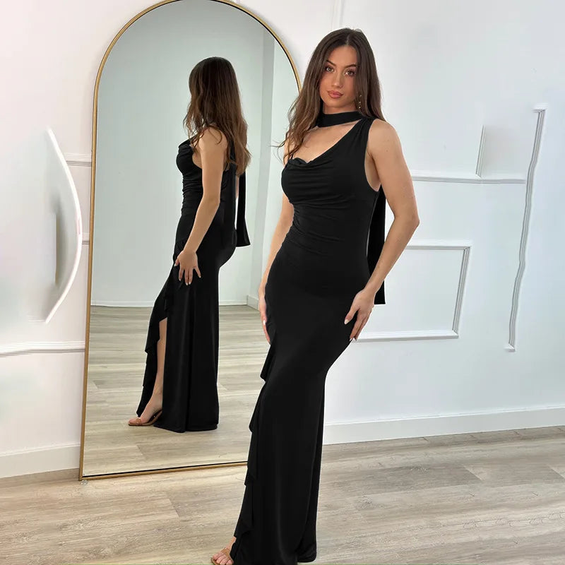 High Slit Sleeveless V Neck Halter Neck Ruched Suspender With Ribbon Slim Banquet Dress