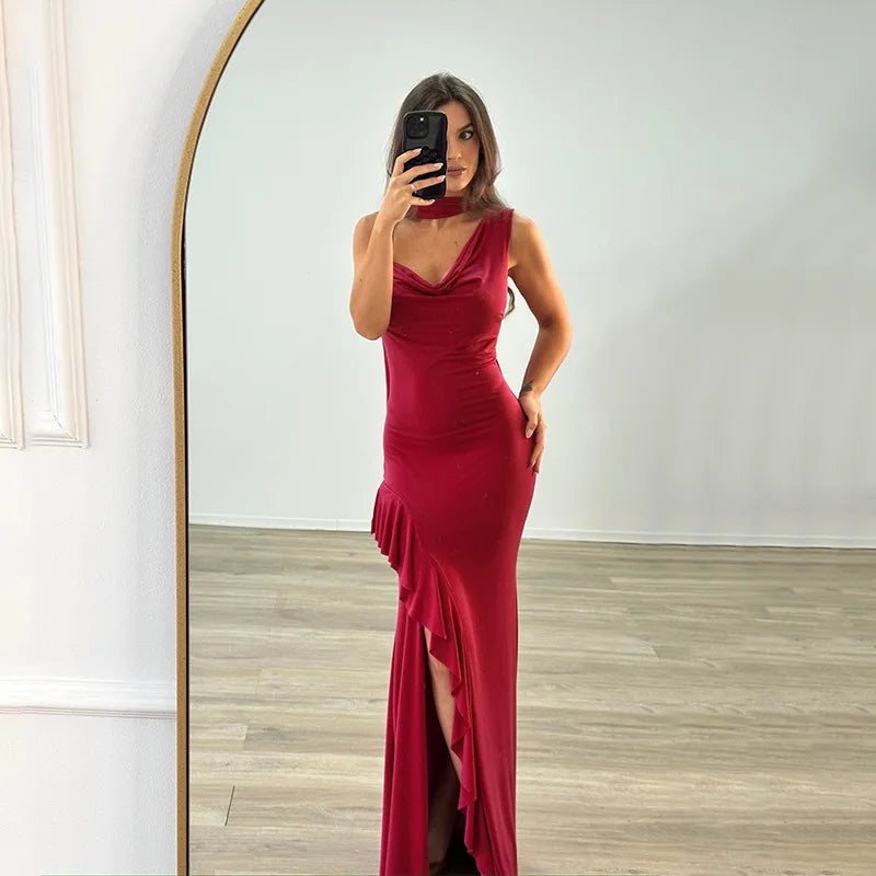 High Slit Sleeveless V Neck Halter Neck Ruched Suspender With Ribbon Slim Banquet Dress