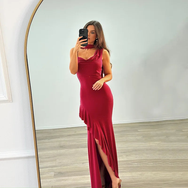 High Slit Sleeveless V Neck Halter Neck Ruched Suspender With Ribbon Slim Banquet Dress