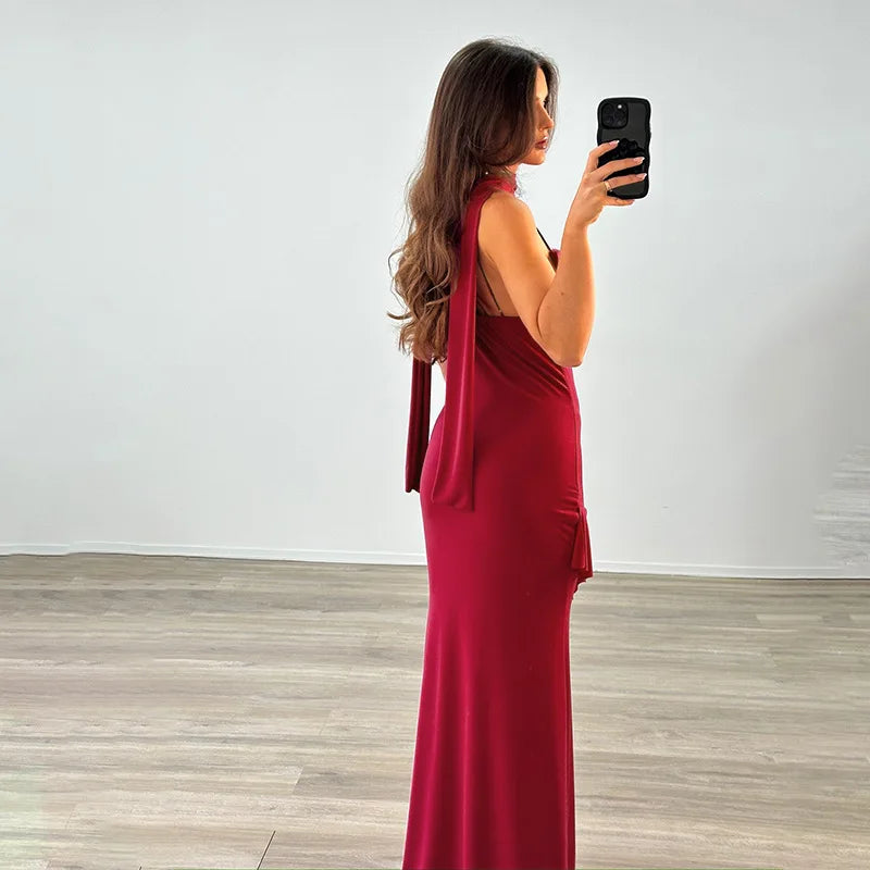 High Slit Sleeveless V Neck Halter Neck Ruched Suspender With Ribbon Slim Banquet Dress