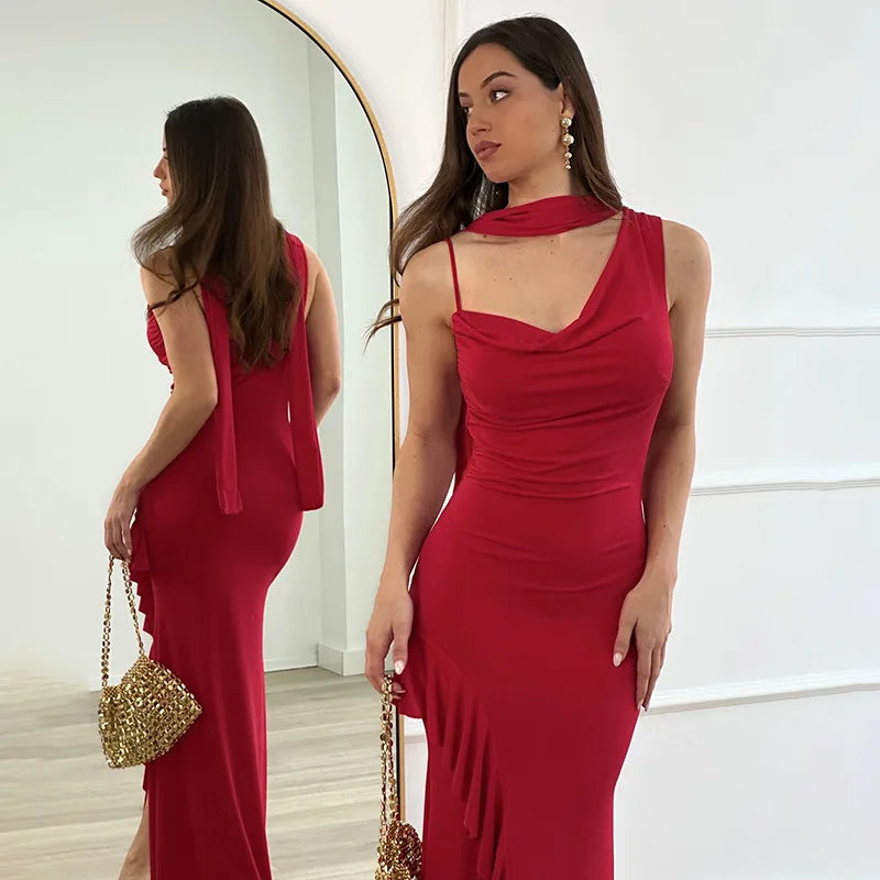 High Slit Sleeveless V Neck Halter Neck Ruched Suspender With Ribbon Slim Banquet Dress
