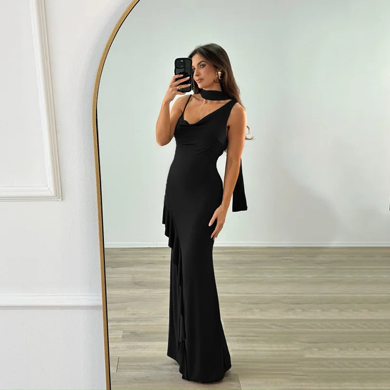 High Slit Sleeveless V Neck Halter Neck Ruched Suspender With Ribbon Slim Banquet Dress