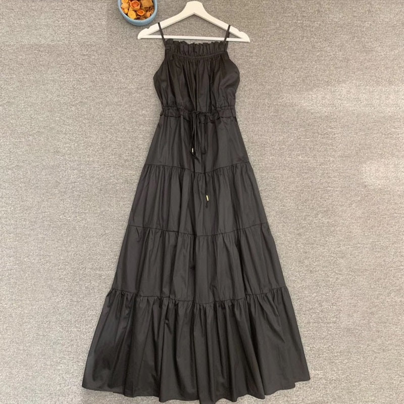 High Street Spaghetti Strap Ruched Belted Long Dress