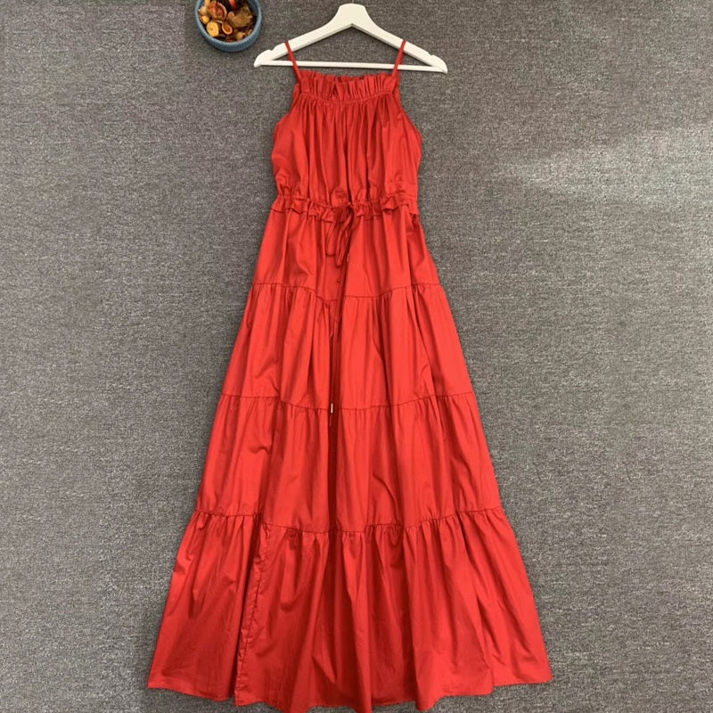High Street Spaghetti Strap Ruched Belted Long Dress