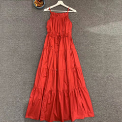 High Street Spaghetti Strap Ruched Belted Long Dress