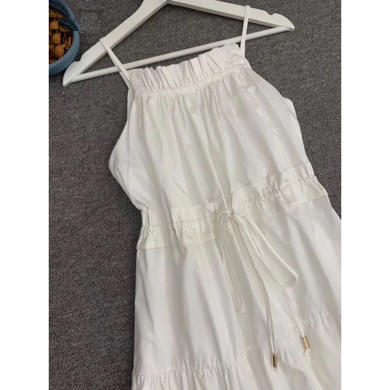 High Street Spaghetti Strap Ruched Belted Long Dress