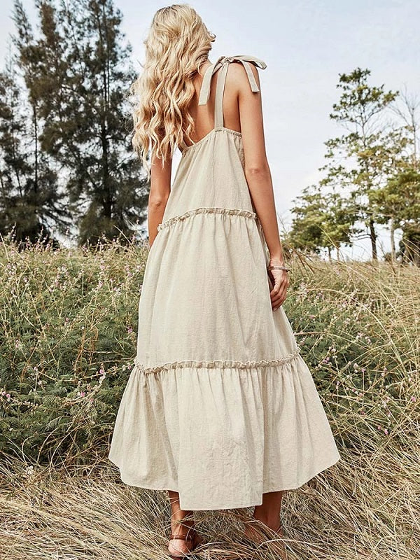 High Waist A-line Cotton Casual Solid Strap Dress