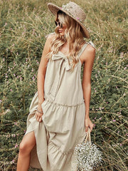 High Waist A-line Cotton Casual Solid Strap Dress