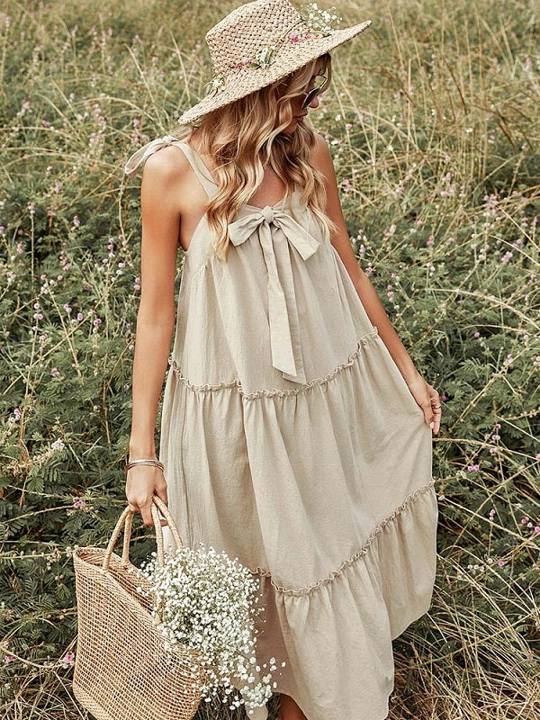 High Waist A-line Cotton Casual Solid Strap Dress
