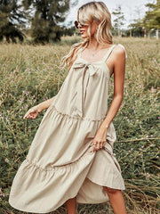 High Waist A-line Cotton Casual Solid Strap Dress