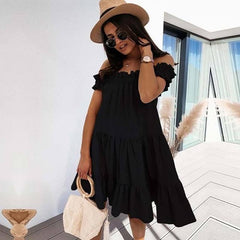 High Waist Casual Off Shoulder Short Sleeve Mini Dress