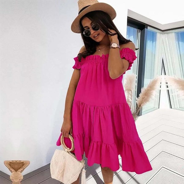 High Waist Casual Off Shoulder Short Sleeve Mini Dress