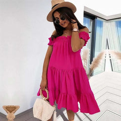 High Waist Casual Off Shoulder Short Sleeve Mini Dress
