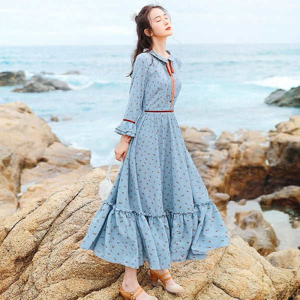 High Waist Print Long Maxi Flare Flower Dress With Belt