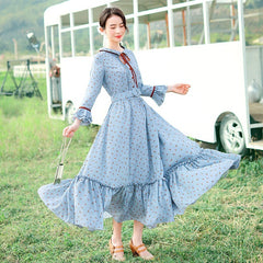 High Waist Print Long Maxi Flare Flower Dress With Belt