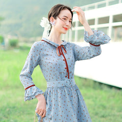 High Waist Print Long Maxi Flare Flower Dress With Belt