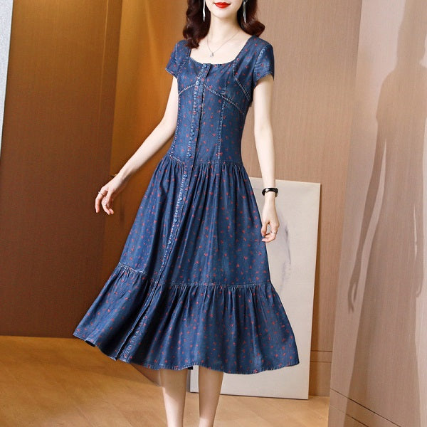 High Waist Print Square Collar Denim Dress