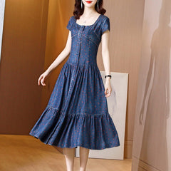 High Waist Print Square Collar Denim Dress