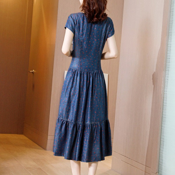 High Waist Print Square Collar Denim Dress